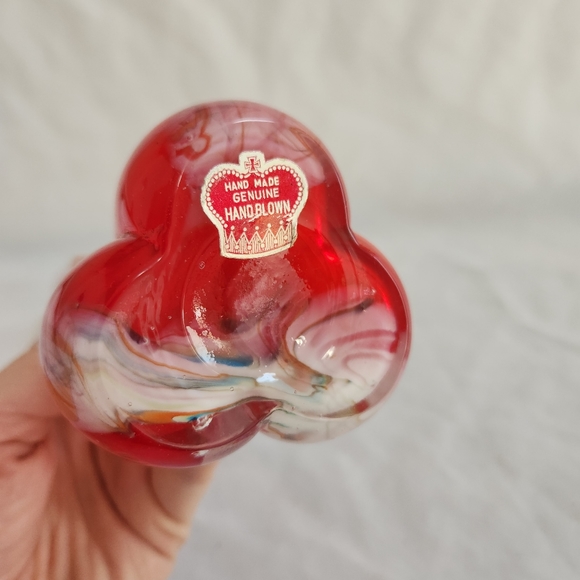 Vintage Swung Art Glass Red Vase w/ White Stripes - Picture 9 of 13